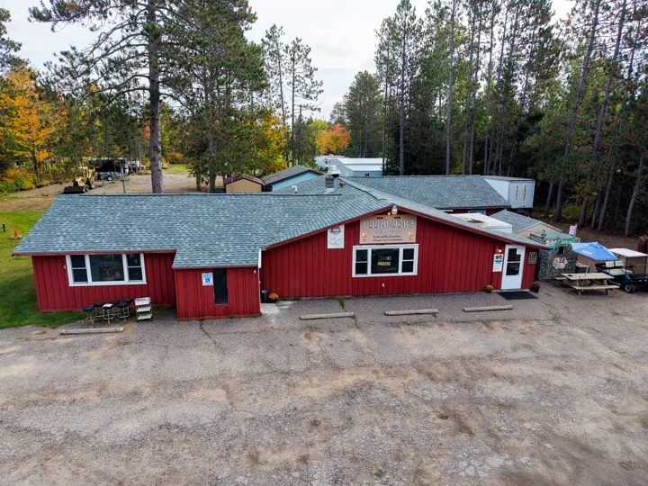 Drone view of the red Boondocks building