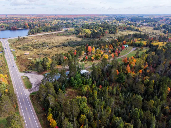 Wide drone view of the surrounding landscape