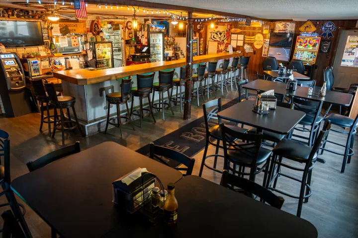 Wide view of the bar and dining room