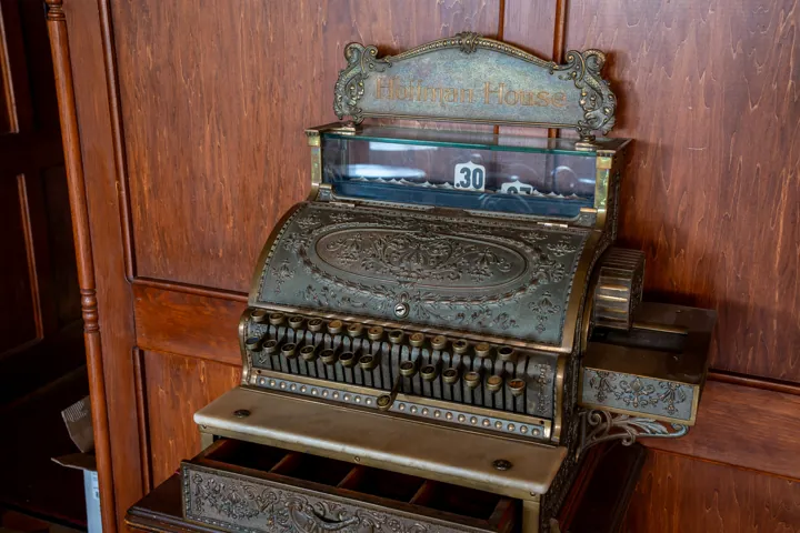 Antique cash register and woodwork detail